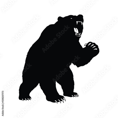 Aggressive Bear Silhouette Vector - Roaring Grizzly Illustration, Black and White