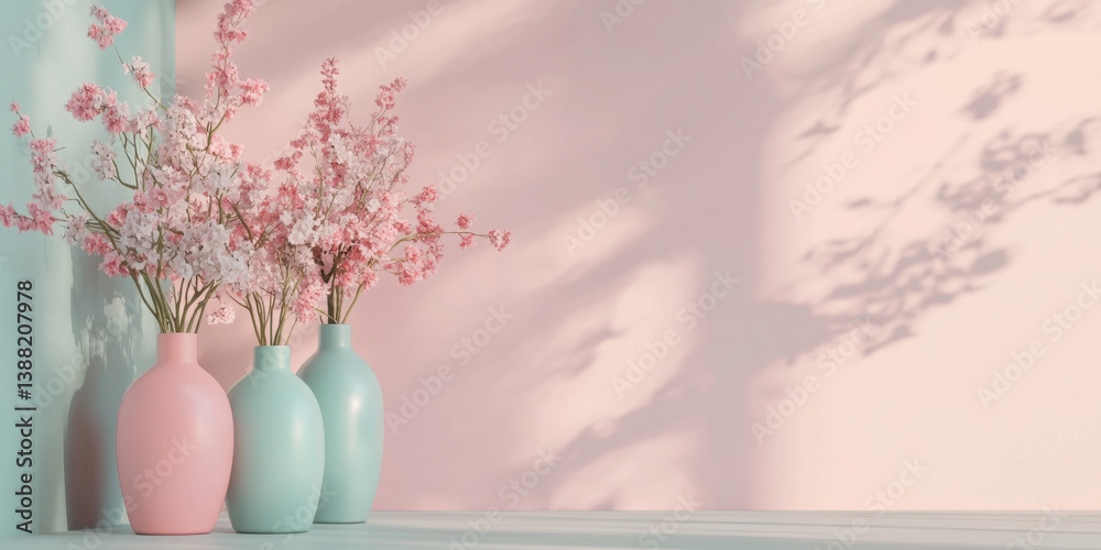 Delicate Pink Flowers in Pastel Vases Delicate Pink Flowers in Pastel Vases