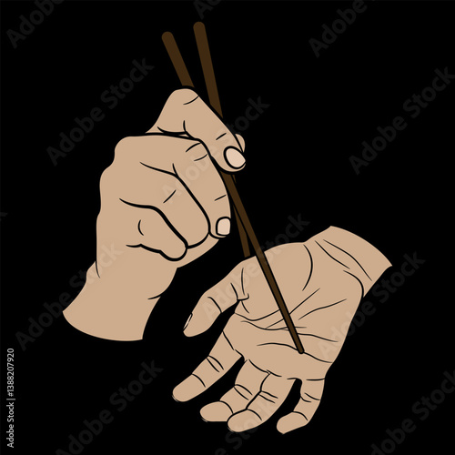 Human hand holding another human hand with chopsticks. Philosophical food concept. Self devouring and cannibalism. On black background.