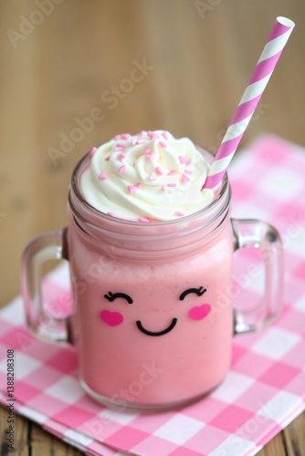 Pink yogurt with whipped cream, Strawberry Smoothie in a Glass Jar