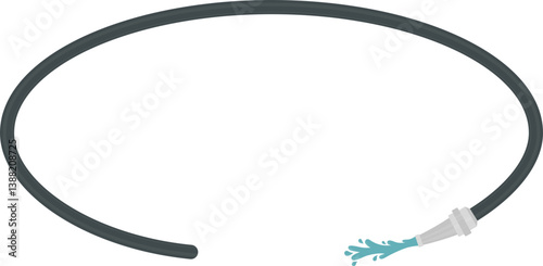A fireman's hose spraying water following a curved path ending in an oval circle.