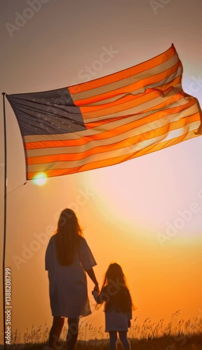 Mother and daughter holding hands watching waving american flag at sunset