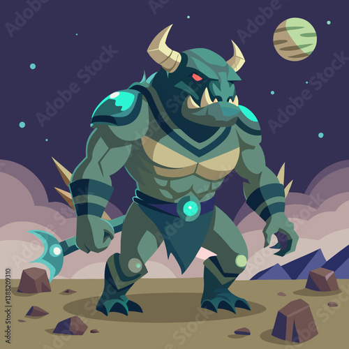 Cartoon monster holding a spear under a bright full moon, set against a dark night sky.