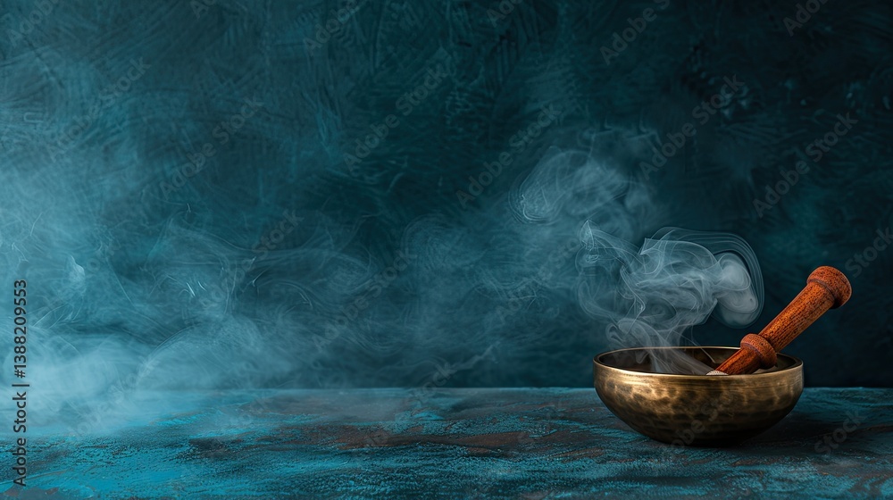a singing bowl with wooden mallet, with electronic music playing in the background a singing bowl with wooden mallet, with electronic music playing in the background