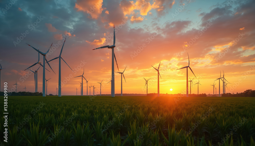 Obraz premium Wind turbines stand tall on green field under vibrant sunset sky. Renewable wind power creates clean energy. Sun sets horizon near wind farm providing electricity to homes businesses promoting