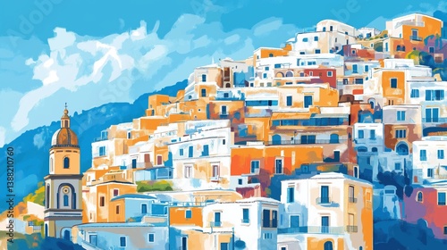 Scenic painting of Positano hillside village with church tower and blue sky