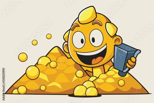 Happy cartoon character celebrating atop a large pile of gold coins while wearing a suit and a hat in a colorful vector illustration style