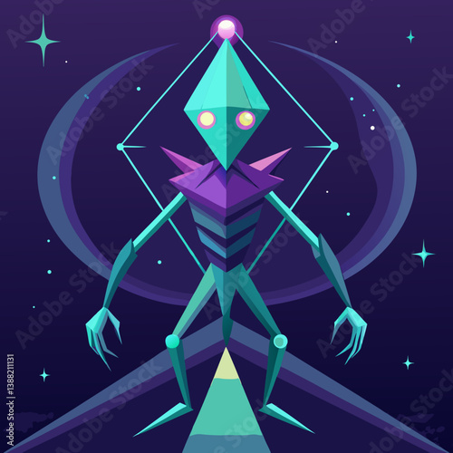 A vibrant alien character stands against a starry background, showcasing a mix of colors and whimsical features.