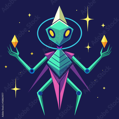 A vibrant alien character stands against a starry background, showcasing a mix of colors and whimsical features.