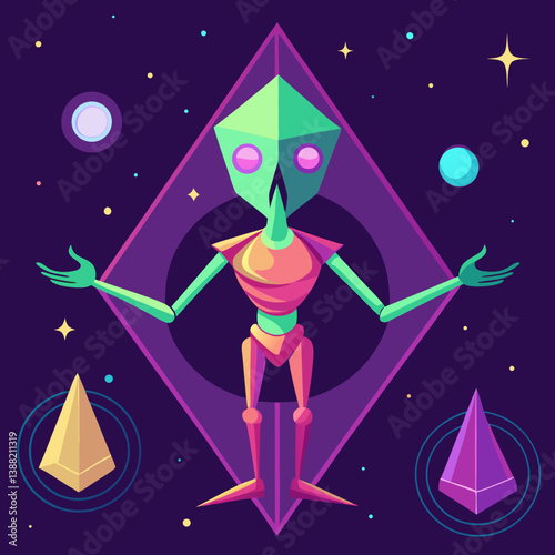 A vibrant alien character stands against a starry background, showcasing a mix of colors and whimsical features.