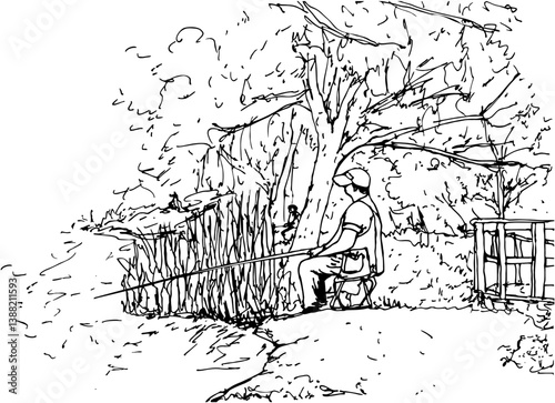 A fisherman in a cap catches fish with a fishing rod in the summer, sitting on a chair in a city pond under the trees A linear drawing made by hand, side view