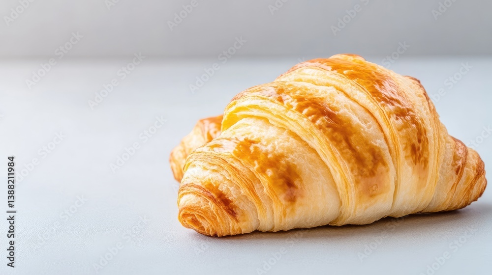 A golden croissant resting on a sleek grey surface, showcasing its flaky texture and buttery layers, and close-up composition for culinary delight. A golden croissant resting on a sleek grey surface, showcasing its flaky texture and buttery layers, and close-up composition for culinary delight.