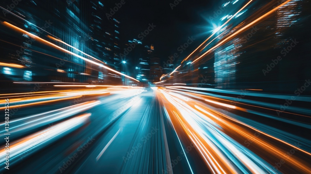 Obraz premium An energetic capture of light streaks racing through a cityscape at night, showcasing the fast-paced rhythm of urban life and the beauty of modern architecture