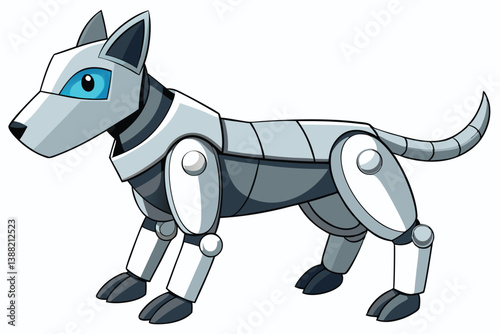 Robot dog stands in a playful pose, showcasing a sleek design with metallic features, vibrant colors, and a friendly expression suited for a futuristic setting