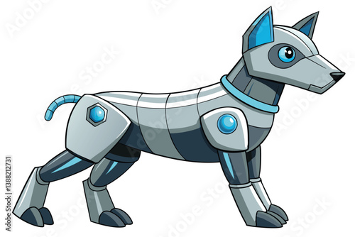 Robot dog stands in a playful pose, showcasing a sleek design with metallic features, vibrant colors, and a friendly expression suited for a futuristic setting