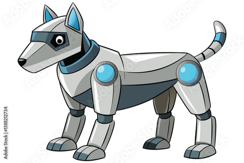 Robot dog stands in a playful pose, showcasing a sleek design with metallic features, vibrant colors, and a friendly expression suited for a futuristic setting
