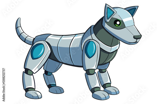 Robot dog stands in a playful pose, showcasing a sleek design with metallic features, vibrant colors, and a friendly expression suited for a futuristic setting