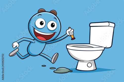Exciting cartoon character joyfully running towards a toilet while holding a lollipop in a playful and vibrant environment