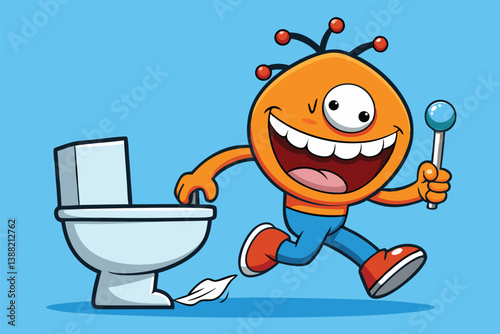 Exciting cartoon character joyfully running towards a toilet while holding a lollipop in a playful and vibrant environment