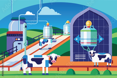 Creative vector illustration of a colorful farm with a cow and a pig interacting with a modern milk processing factory
