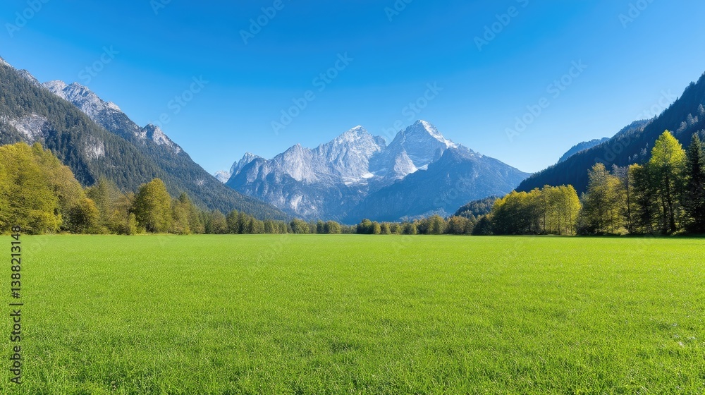 Fototapeta premium A vibrant green field stretches to a majestic mountain range. Trees line the fields edge, contrasting with the snow-capped peaks. The image is high-resolution, exhibiting clear detail and bright sunl