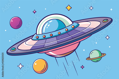 Colorful vector illustration of a planet surrounded by rings and moons in a whimsical outer space setting with stars and cosmic elements
