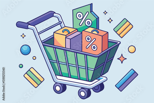 Shopping cart filled with gifts and products featuring discounts and promotions, designed as a colorful vector illustration for a modern retail environment