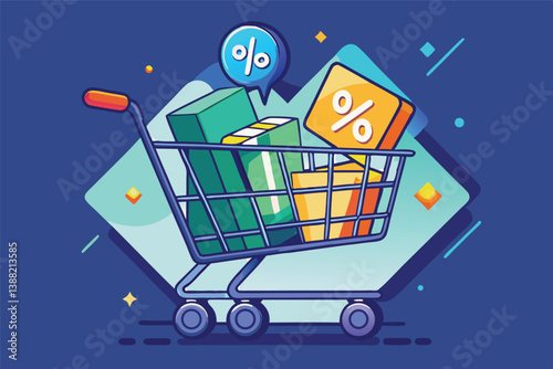Shopping cart filled with gifts and products featuring discounts and promotions, designed as a colorful vector illustration for a modern retail environment