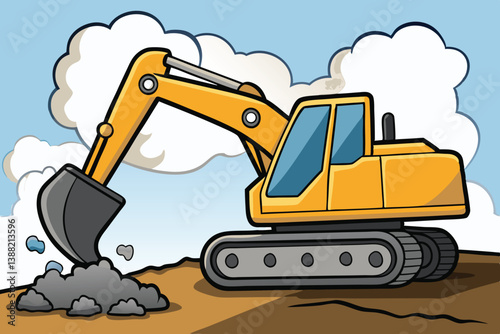 Excavator working on a construction site during a cloudy day with dirt being moved