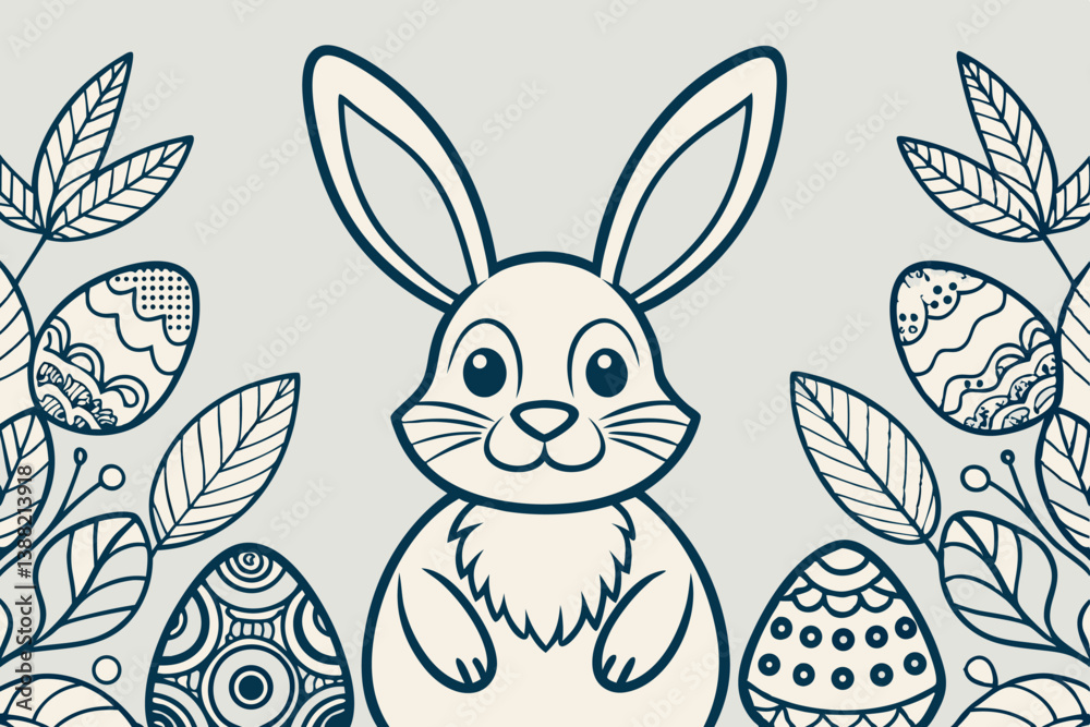 Obraz premium Cute bunny sits among decorated eggs and flowers during spring celebration, perfect for Easter festivities and coloring activities