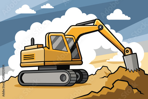 Excavator working on a construction site during a cloudy day with dirt being moved