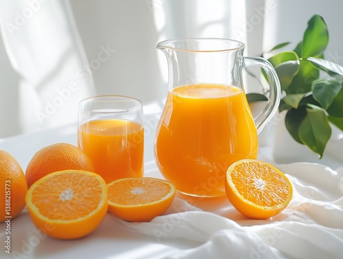 A breakfast scene with a glass pitcher and a glass filled with vibrant orange juice.