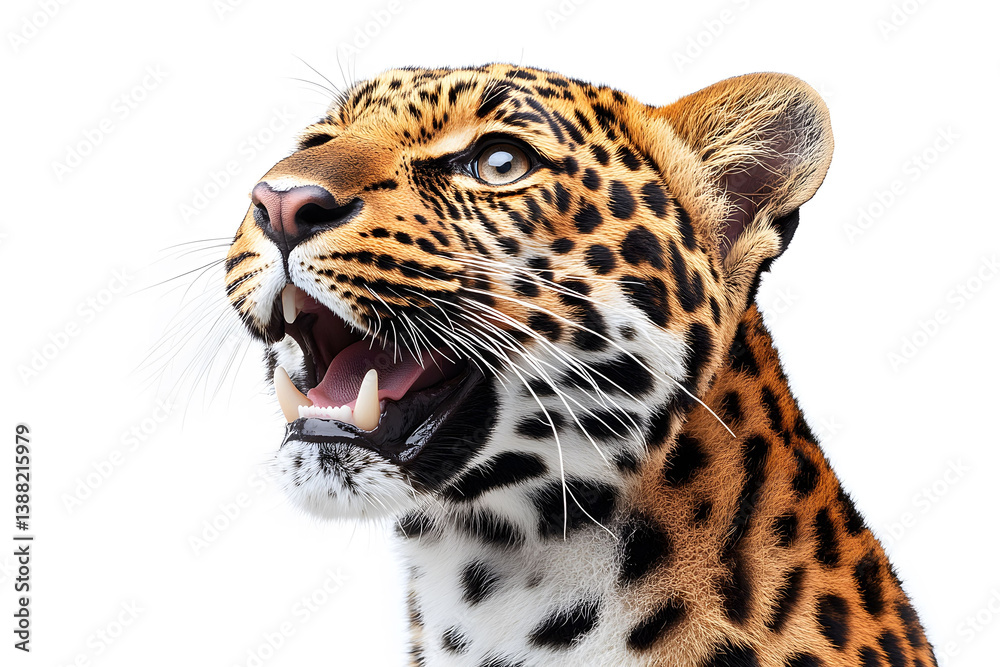 Obraz premium Leopard Portrait with Open Mouth on White Background for Wildlife Art and Conservation Themes