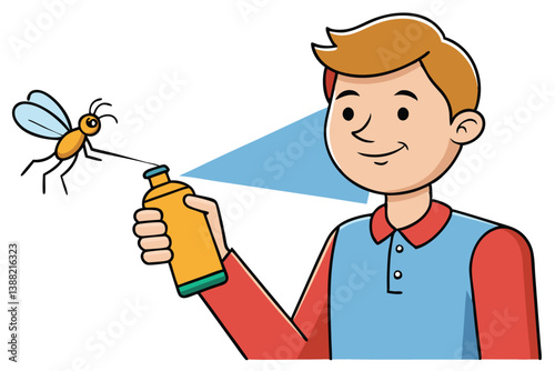 Boy sprays insect repellent on a bug in a sunny garden setting with vibrant colors