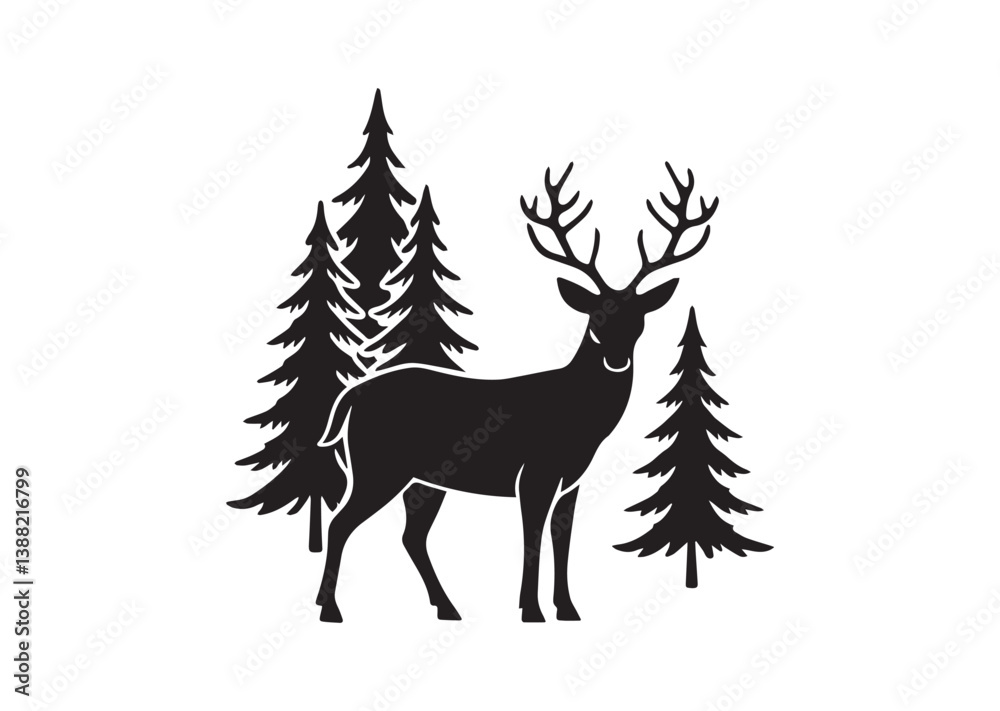 Silhouette of a Deer with pine trees and forest silhouette vector Silhouette of a Deer with pine trees and forest silhouette vector