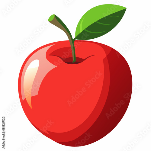 A red apple with a shiny surface and a vibrant green leaf attached to its stem.