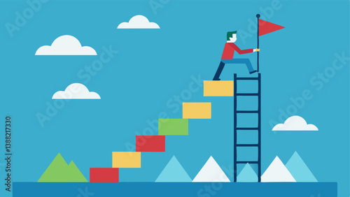 Ladder of Success A ladder with each step labeled as a specific goal while a person climbs upwards symbolizing the journey of achieving greater heights through goal setting.