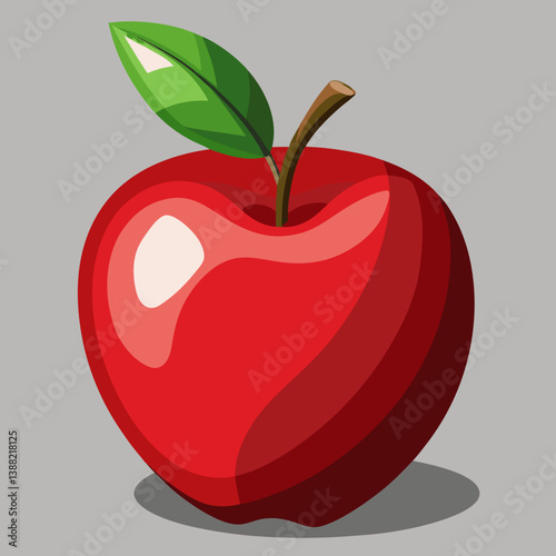 A red apple with a shiny surface and a vibrant green leaf attached to its stem.