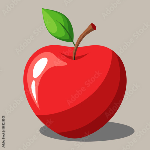 A red apple with a shiny surface and a vibrant green leaf attached to its stem.
