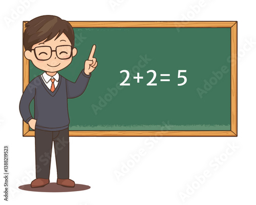 Little Boy with 2+2=5 on Green Board - Vector Illustration