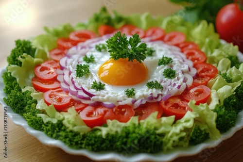 Sunny-Side-Up Egg Salad with Fresh Tomatoes, Onion, and Parsley