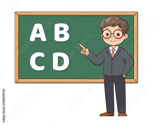 Little Boy with ABCD on Green Board - Vector Illustration
