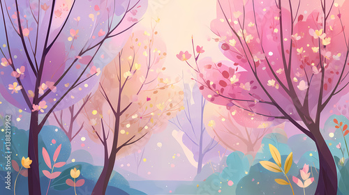 Pastel Spring Scene with blossoming trees