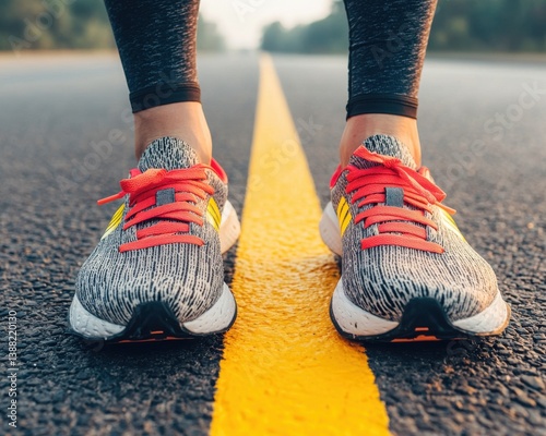 A close-up of athletic shoes on a road, emphasizing fitness and outdoor activity with a focus on running.