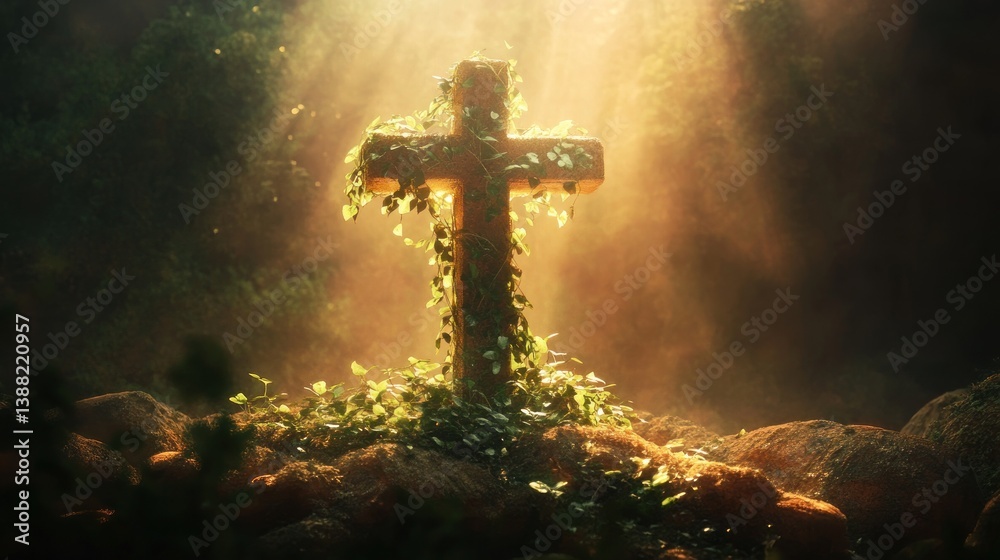 Fototapeta premium Stone Cross in Forest with Vines and Sunlight Streaming Through Trees