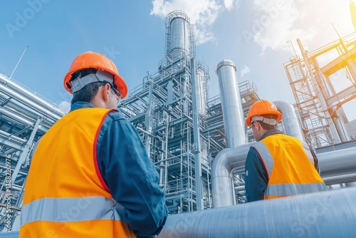 Two workers in safety gear observe a large industrial facility with pipes and structures under a bright sky, emphasizing industrial operations and safety.