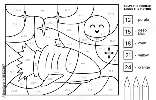 Solve the problem, color the picture. Spaceship in space. Black and white. Addition, subtraction, multiplication, division. Coloring book. Isolated vector illustration eps 10