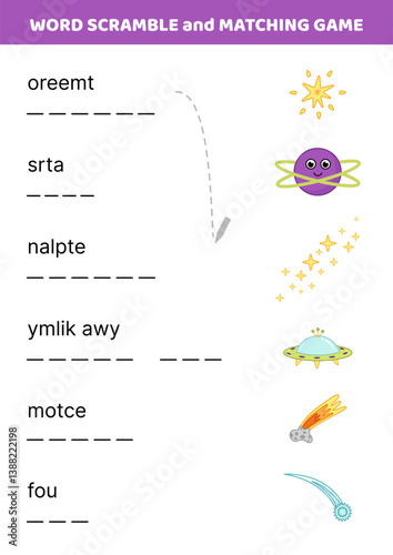 Word scramble and matching game with space objects. English words. Sort letters into correct order. Cartoon, Isolated vector illustration eps 10
