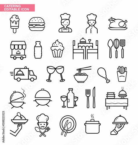 Catering Icon Set. Fork, spoon, knife, plate, chef hat, and cloche or tray icon. Cutlery icon set in line and flat style. Dinnerware icon symbol. Restaurant sign and symbol. Vector illustration