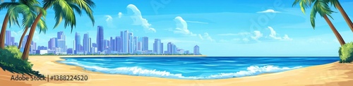 Beautiful cartoon depiction of beach city view under bright sunny sky